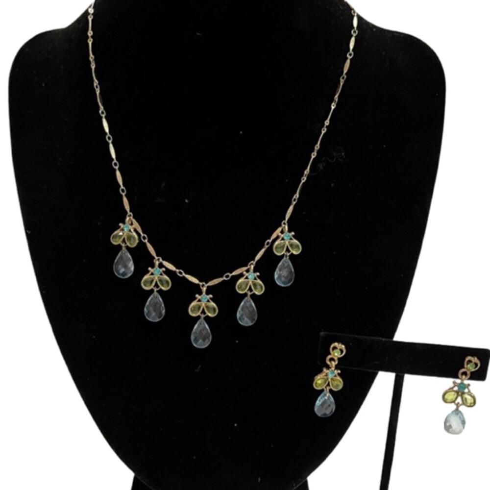 Light Blue Green Teardrop Crystal Necklace Earring Gold Tone Set 2028 Brand